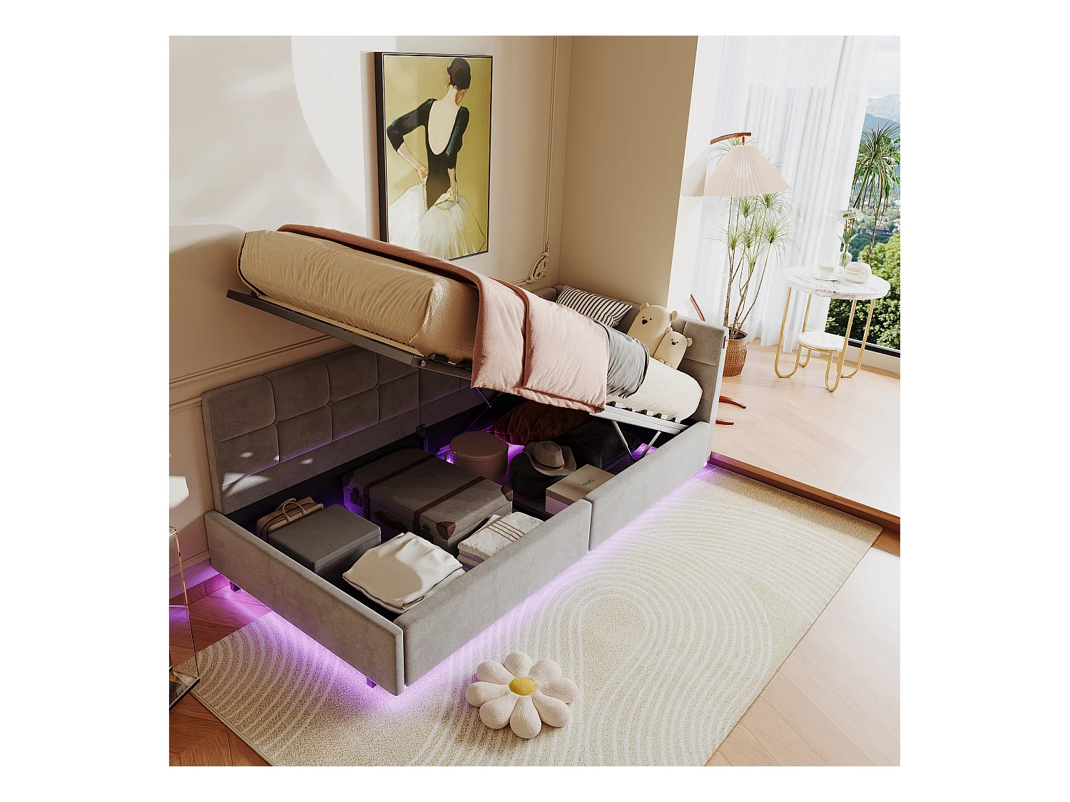 90 x 200 cm Bett mit LED-Kopfteil und Stauraum, USB- und Typ-C-Ladefunktion, RGB-Beleuchtung mit Fernbedienung, graues Samtstoffdesign