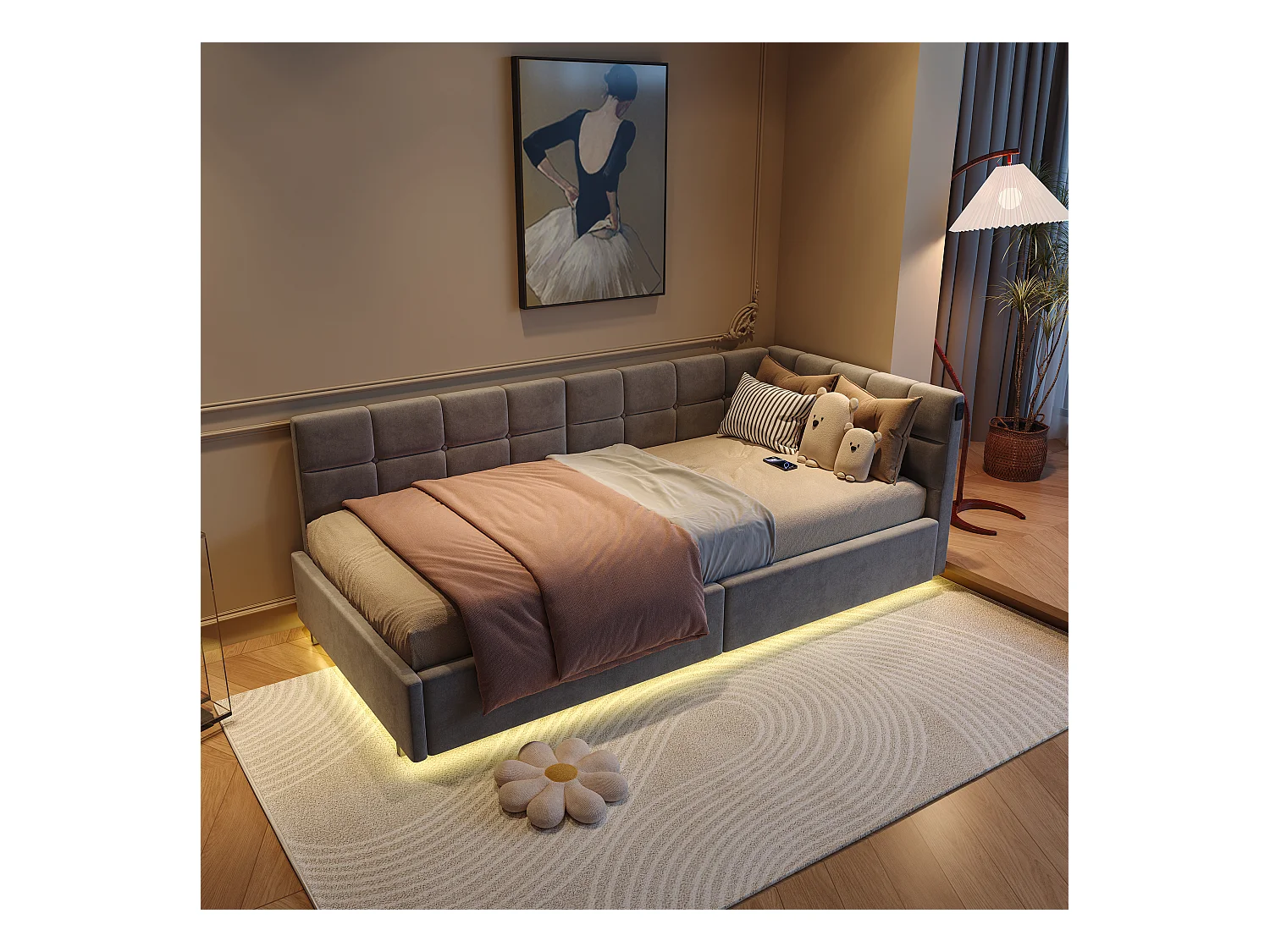 90 x 200 cm Bett mit LED-Kopfteil und Stauraum, USB- und Typ-C-Ladefunktion, RGB-Beleuchtung mit Fernbedienung, graues Samtstoffdesign