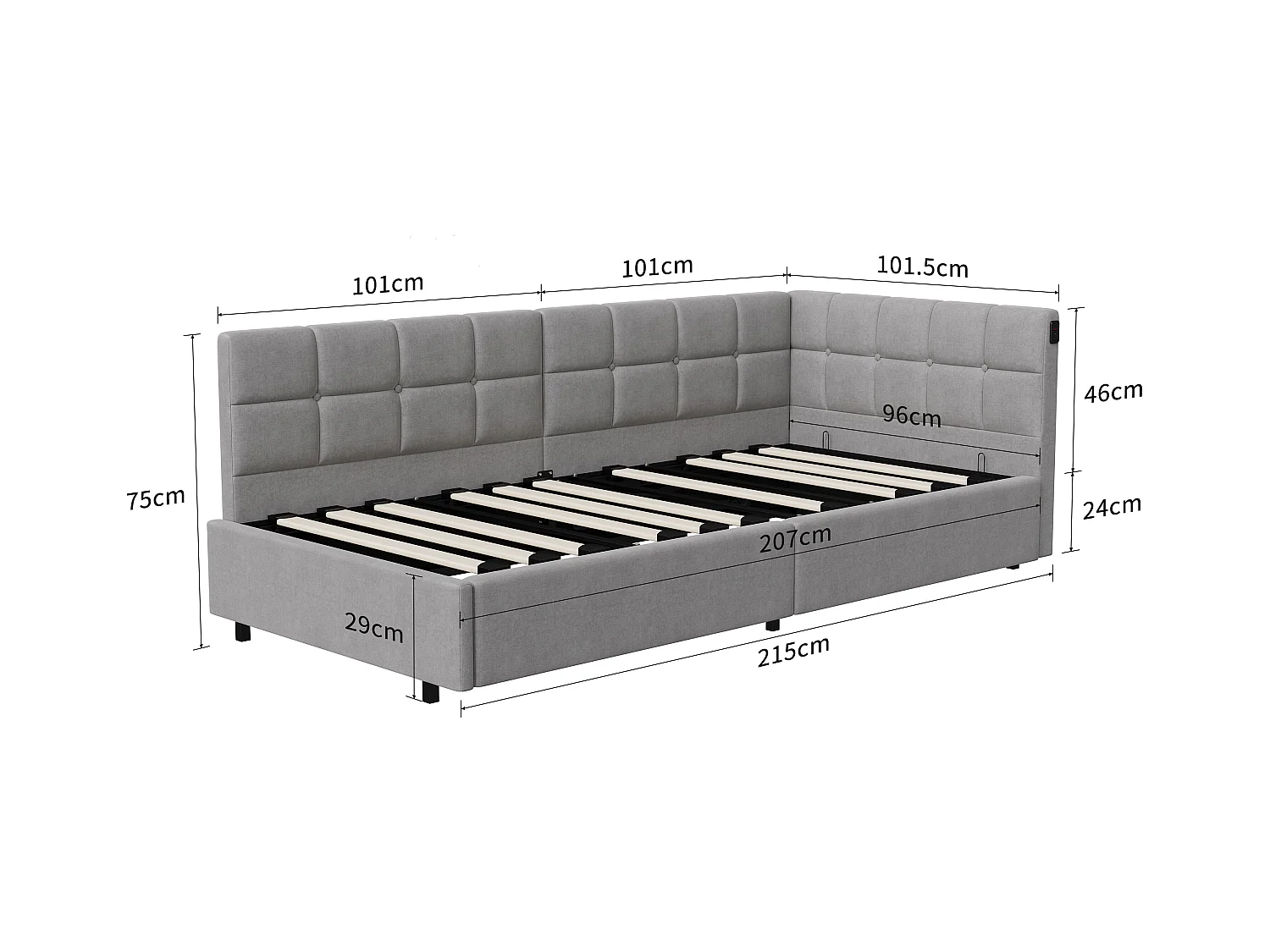 90 x 200 cm Bett mit LED-Kopfteil und Stauraum, USB- und Typ-C-Ladefunktion, RGB-Beleuchtung mit Fernbedienung, graues Samtstoffdesign
