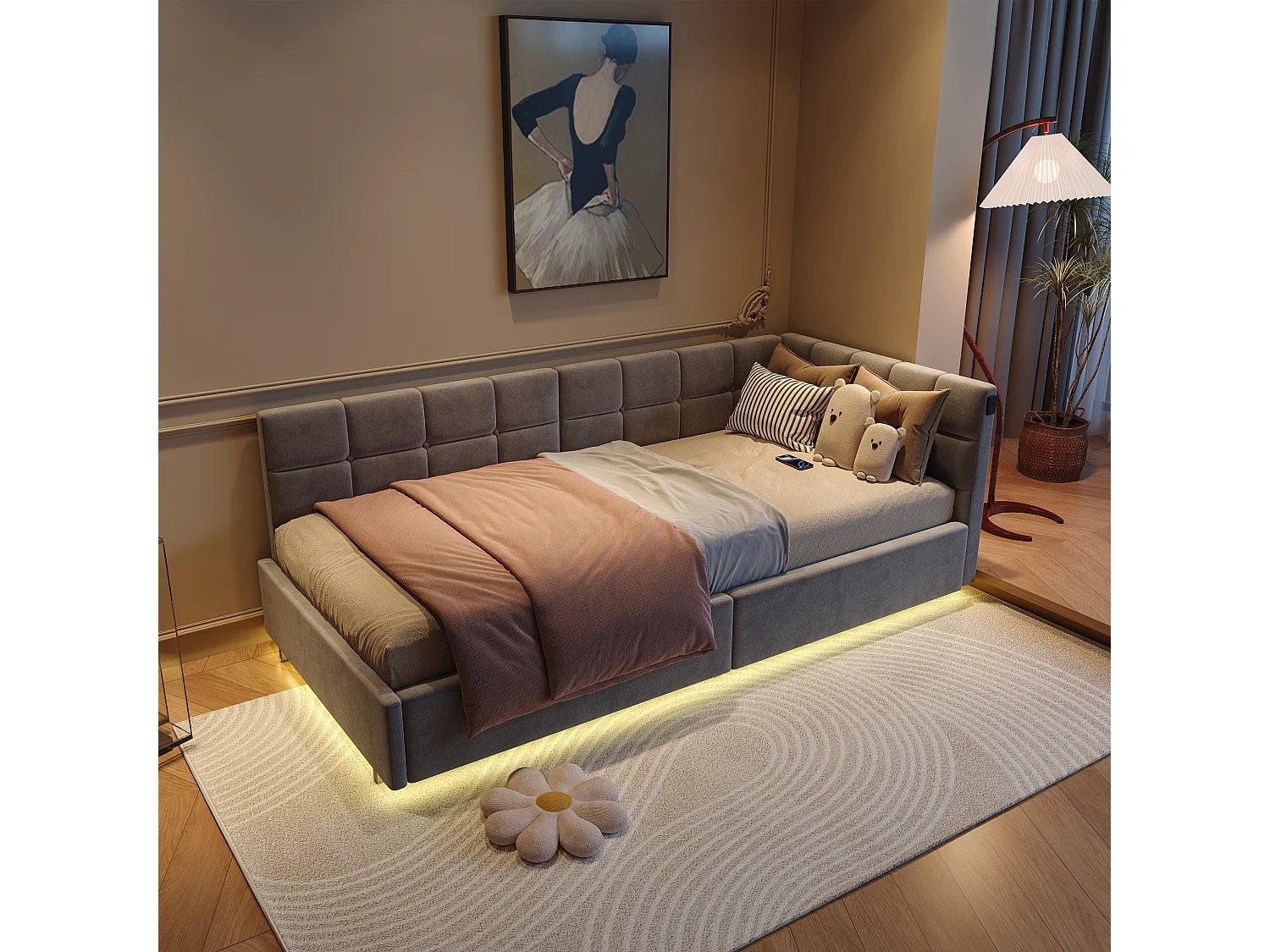 90 x 200 cm Bett mit LED-Kopfteil und Stauraum, USB- und Typ-C-Ladefunktion, RGB-Beleuchtung mit Fernbedienung, graues Samtstoffdesign