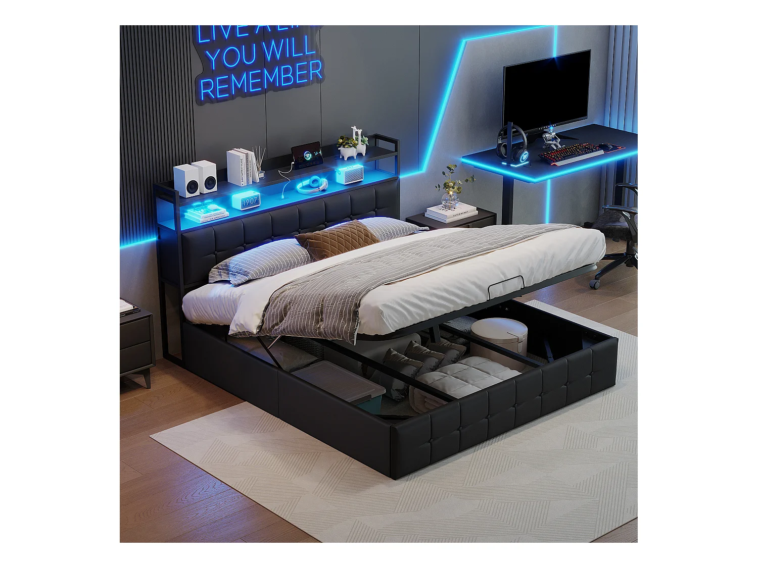 Bett mit LED-Kopfteil und Stauraum, USB-C und USB-Ladegerät, Gasdruckfeder – 140 x 190 cm, schwarzes PU-Design (ohne Matratze)