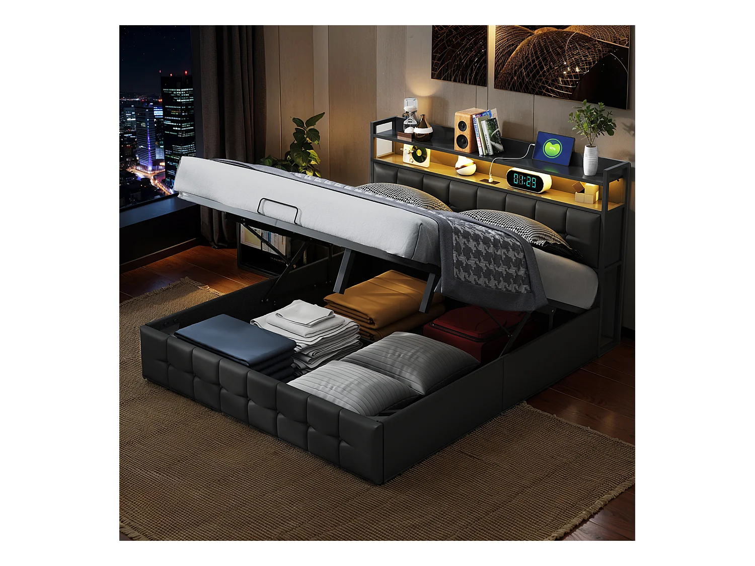 Bett mit LED-Kopfteil und Stauraum, USB-C und USB-Ladegerät, Gasdruckfeder – 140 x 190 cm, schwarzes PU-Design (ohne Matratze)