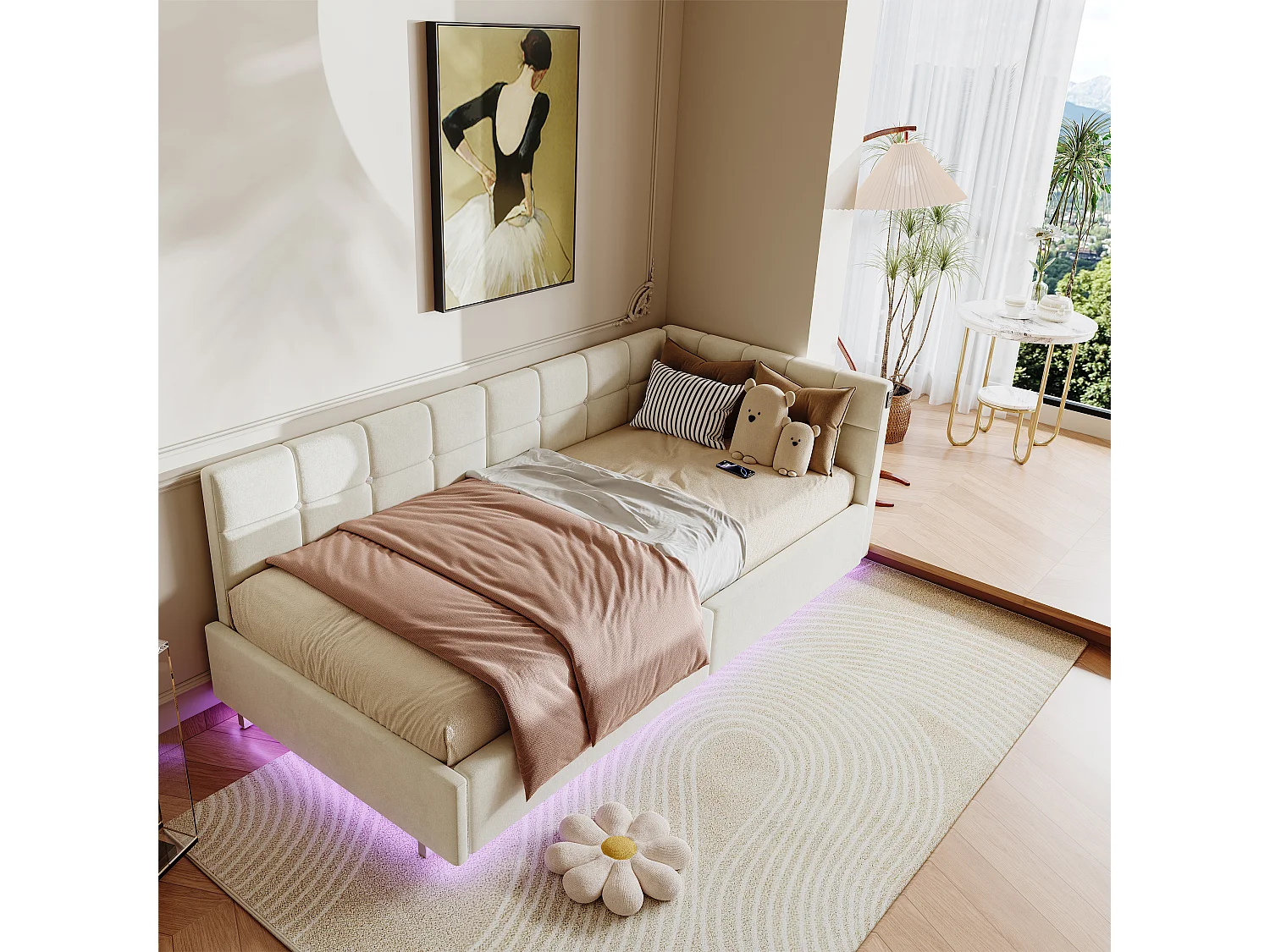 Lit 90x200 cm avec Tête de Lit LED et Rangement, Charge USB & Type-C, Éclairage RGB avec Télécommande, Design en Tissu Velours Beige