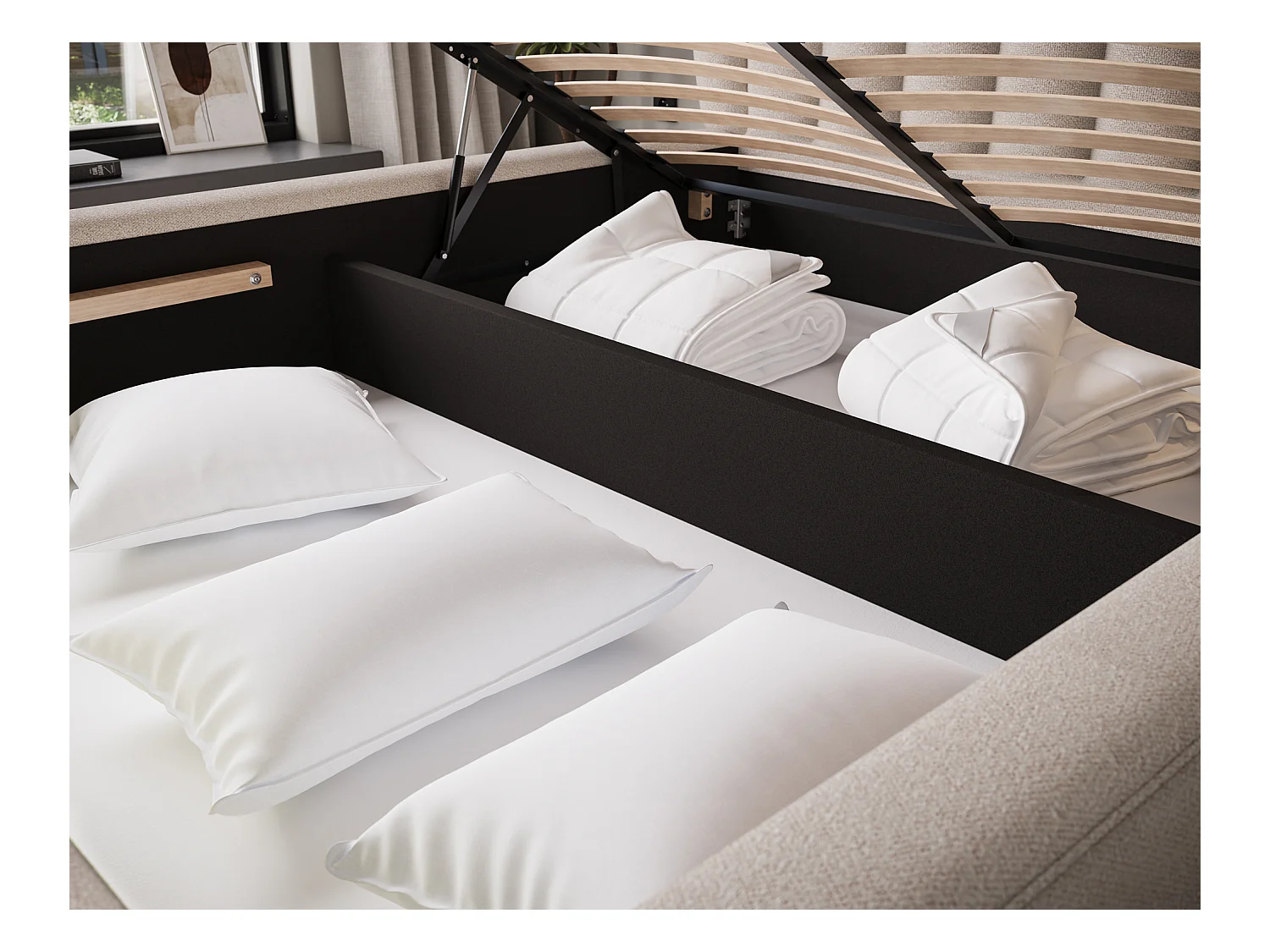 Letto Pella/160x200/rete a doghe/rivestimento in tessuto/Beige