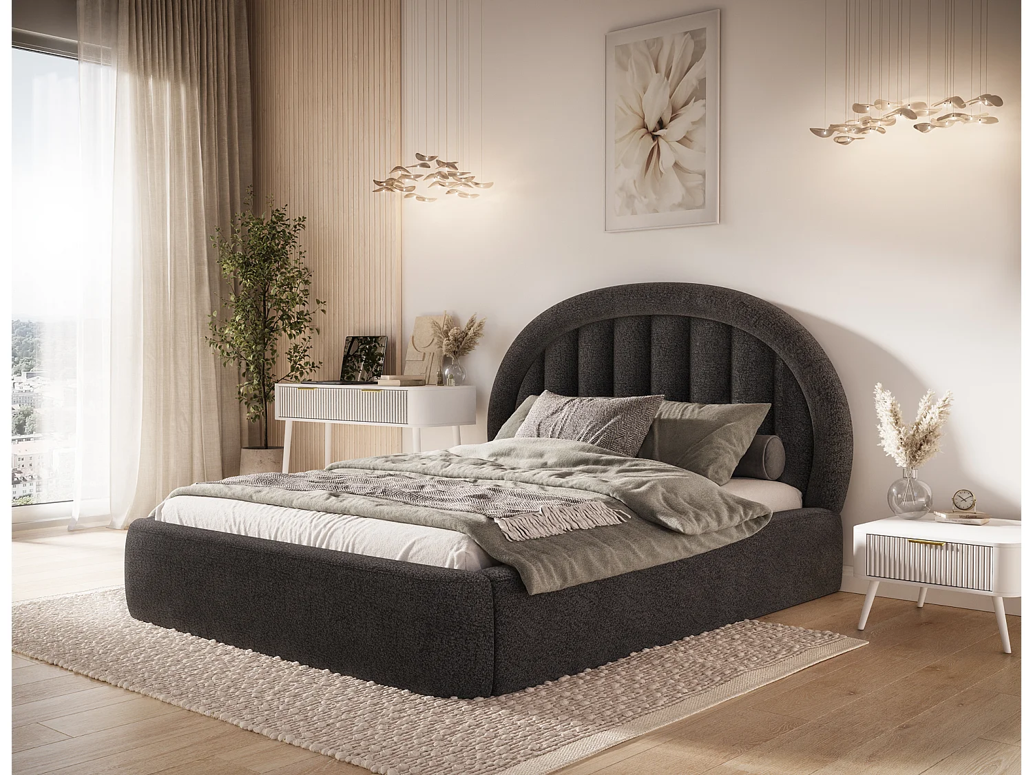 Letto Pella/160x200/rete a doghe/rivestimento in tessuto/Nero