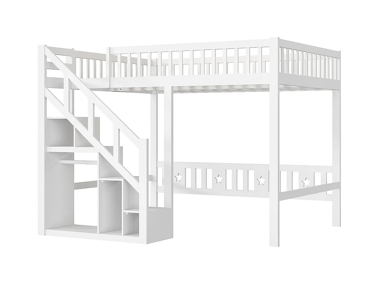Multifunktionales 140x200 cm Massivholz-Hochbett mit Stauraumtreppe, hohem Geländer und elegantem Weiß-Finish