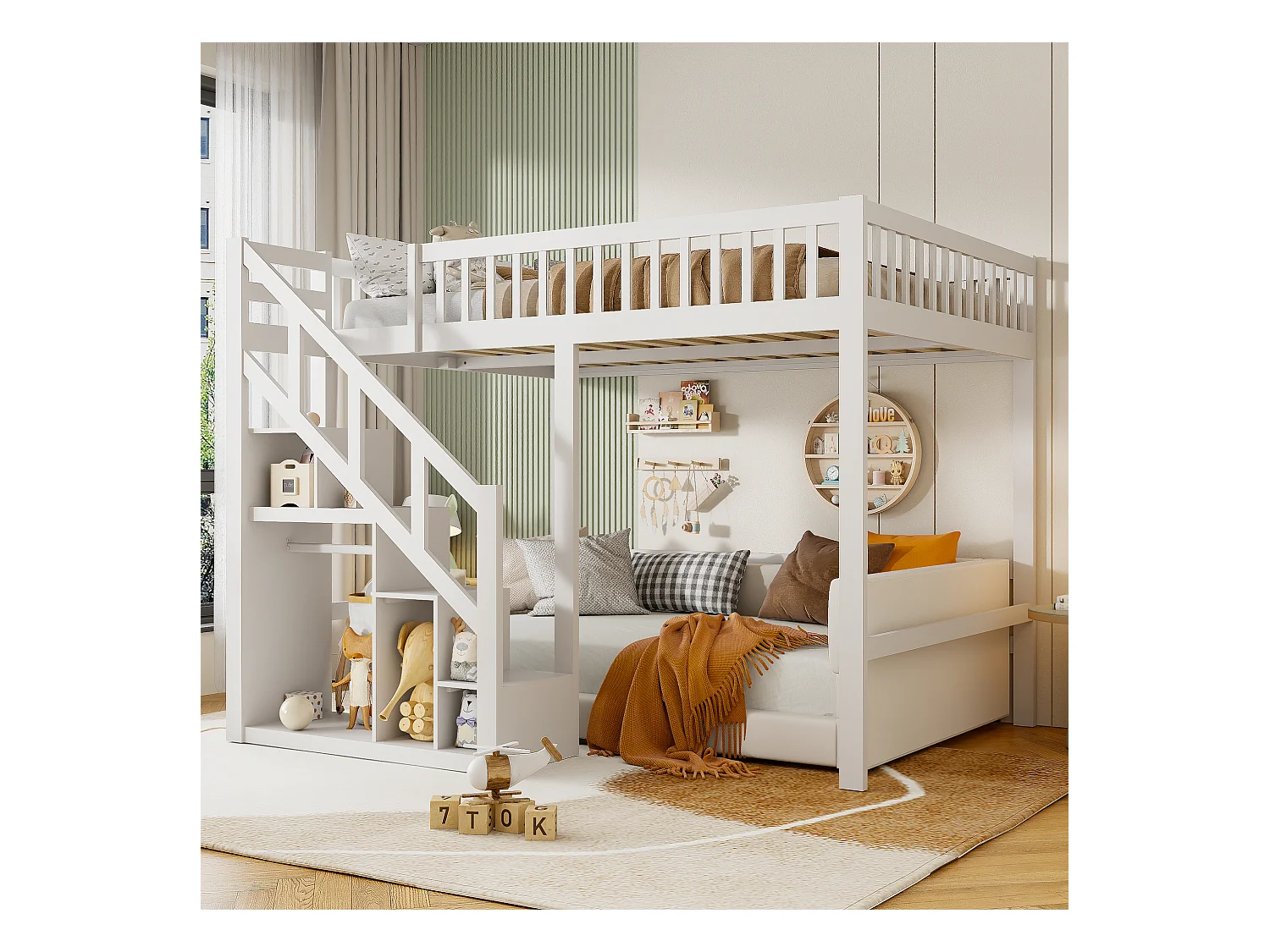 Multifunktionales 90x200 cm Massivholz-Hochbett mit Stauraumtreppe, hohem Geländer und elegantem Weiß-Finish