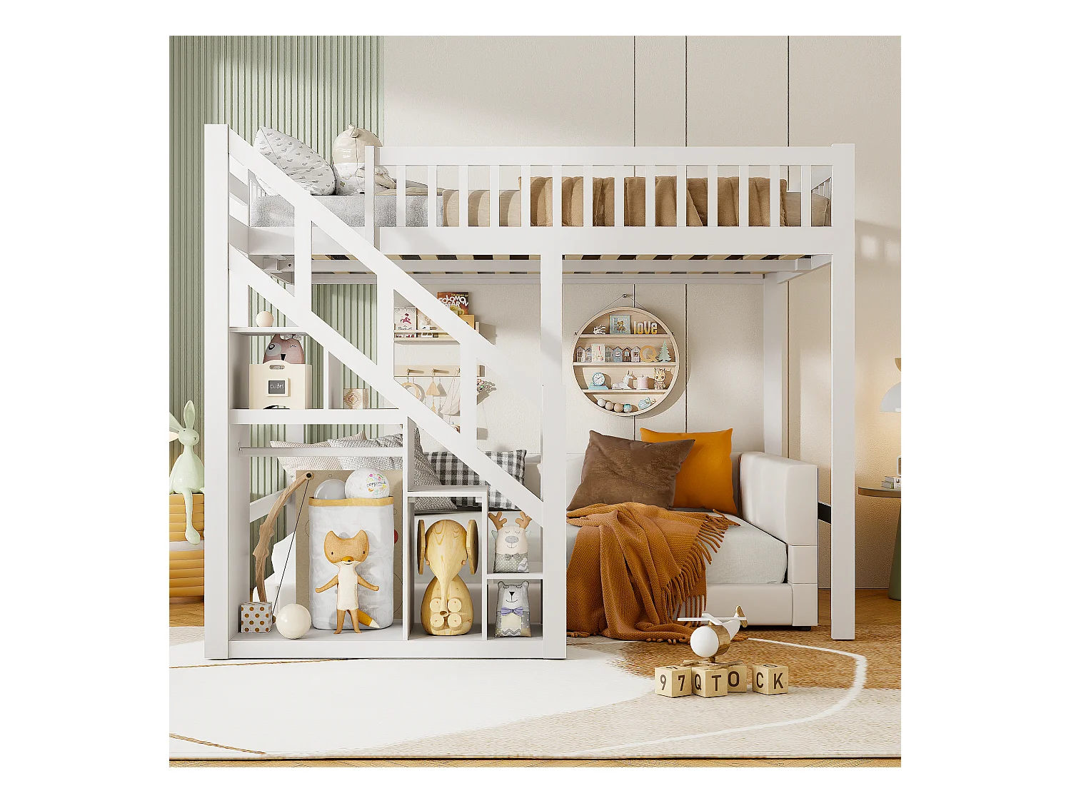 Multifunktionales 90x200 cm Massivholz-Hochbett mit Stauraumtreppe, hohem Geländer und elegantem Weiß-Finish