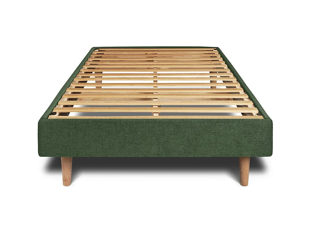 Lit 90x190cm avec tête de lit capitonnée tissu et sommier kit vert - Hauteur totale : 29cm