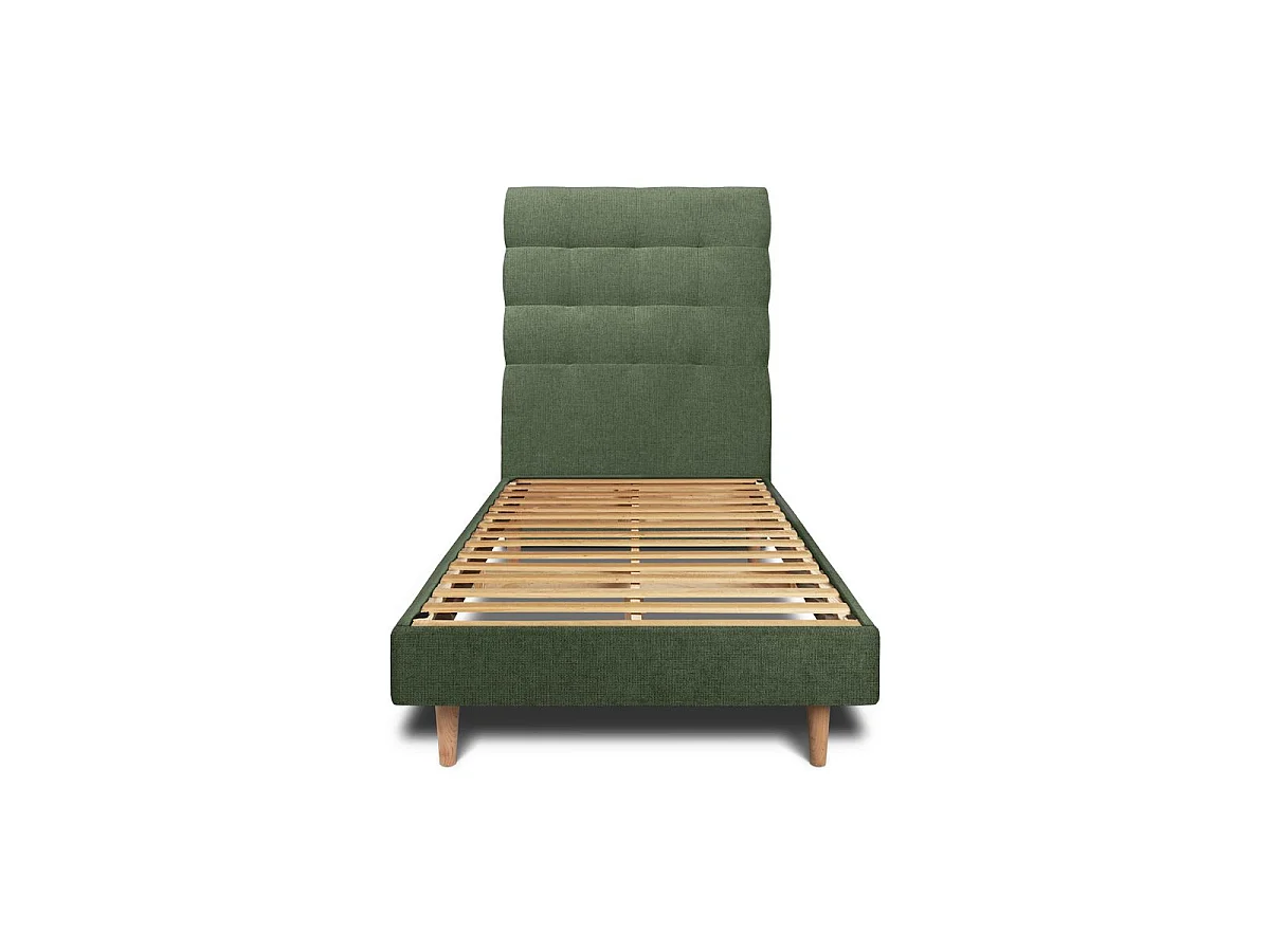 Lit 90x190cm avec tête de lit capitonnée tissu et sommier kit vert - Hauteur totale : 29cm