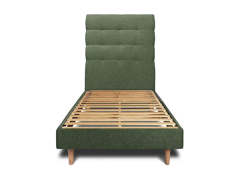 Lit 90x190cm avec tête de lit capitonnée tissu et sommier kit vert - Hauteur totale : 29cm