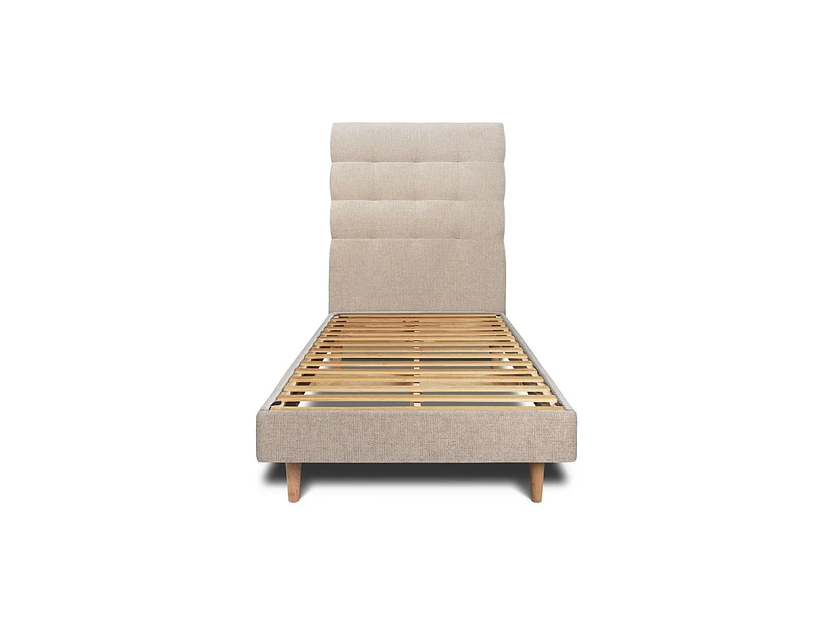 Lit 90x190cm avec tête de lit capitonnée tissu et sommier kit beige brun - Hauteur totale : 29cm