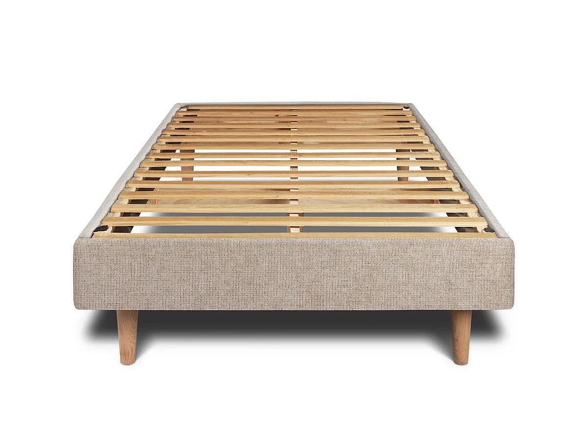 Lit 90x190cm avec tête de lit capitonnée tissu et sommier kit beige brun - Hauteur totale : 29cm