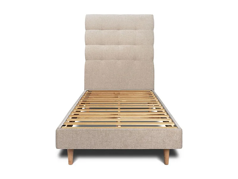 Lit 90x190cm avec tête de lit capitonnée tissu et sommier kit beige brun - Hauteur totale : 29cm