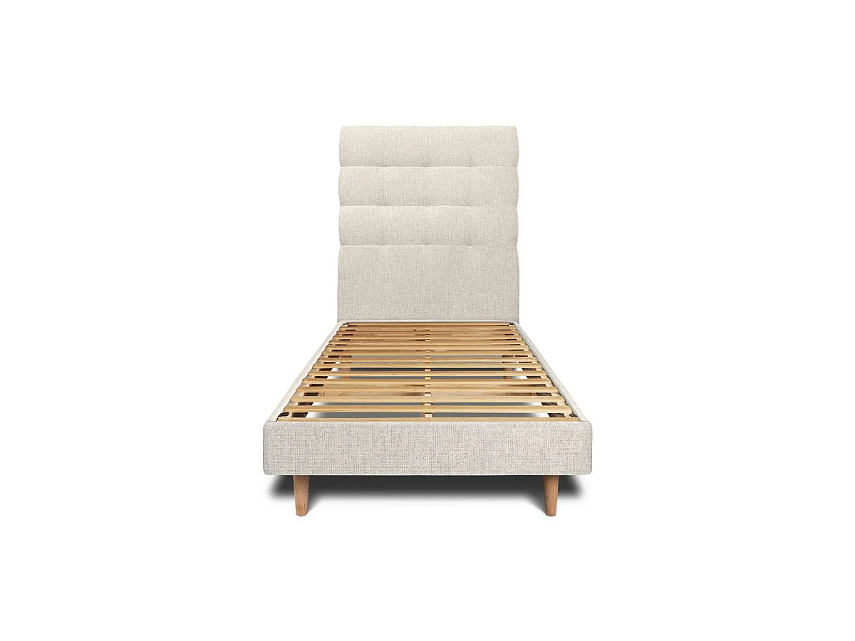 Lit 90x190cm avec tête de lit capitonnée tissu et sommier kit Beige clair - Hauteur totale : 29cm