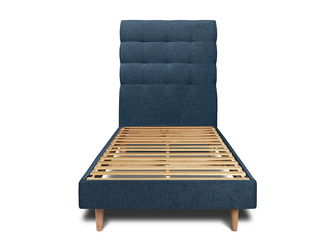 Lit 90x190cm avec tête de lit capitonnée tissu et sommier kit Bleu - Hauteur totale : 29cm