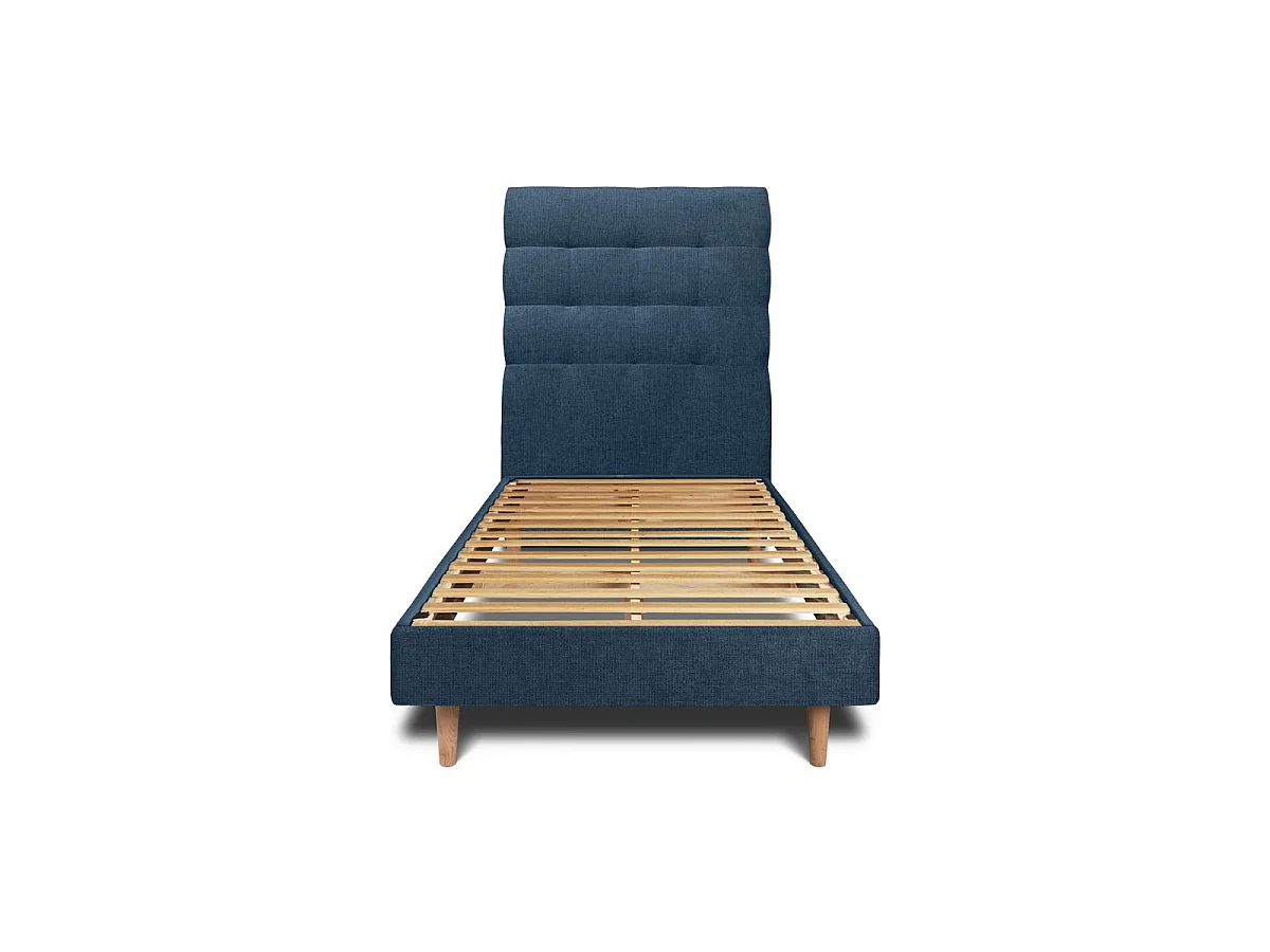 Lit 90x190cm avec tête de lit capitonnée tissu et sommier kit Bleu - Hauteur totale : 29cm