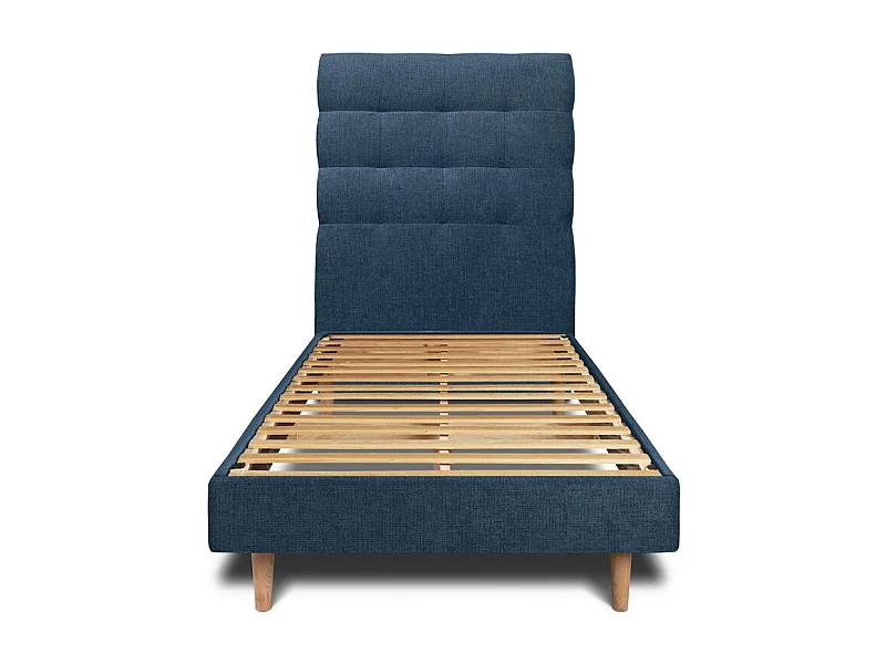 Lit 90x190cm avec tête de lit capitonnée tissu et sommier kit Bleu - Hauteur totale : 29cm
