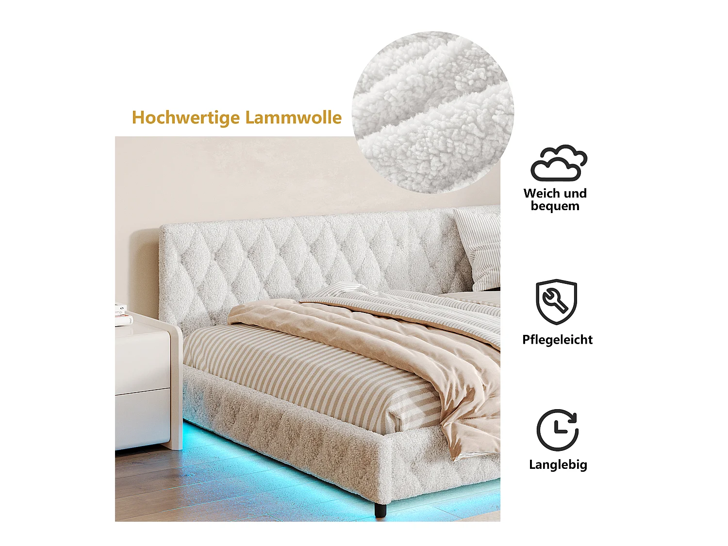 Ausziehbett 140x200 cm - Teddysamt, Schlafsofa mit LED-Beleuchtung und USB-Ladefunktion, - Beige