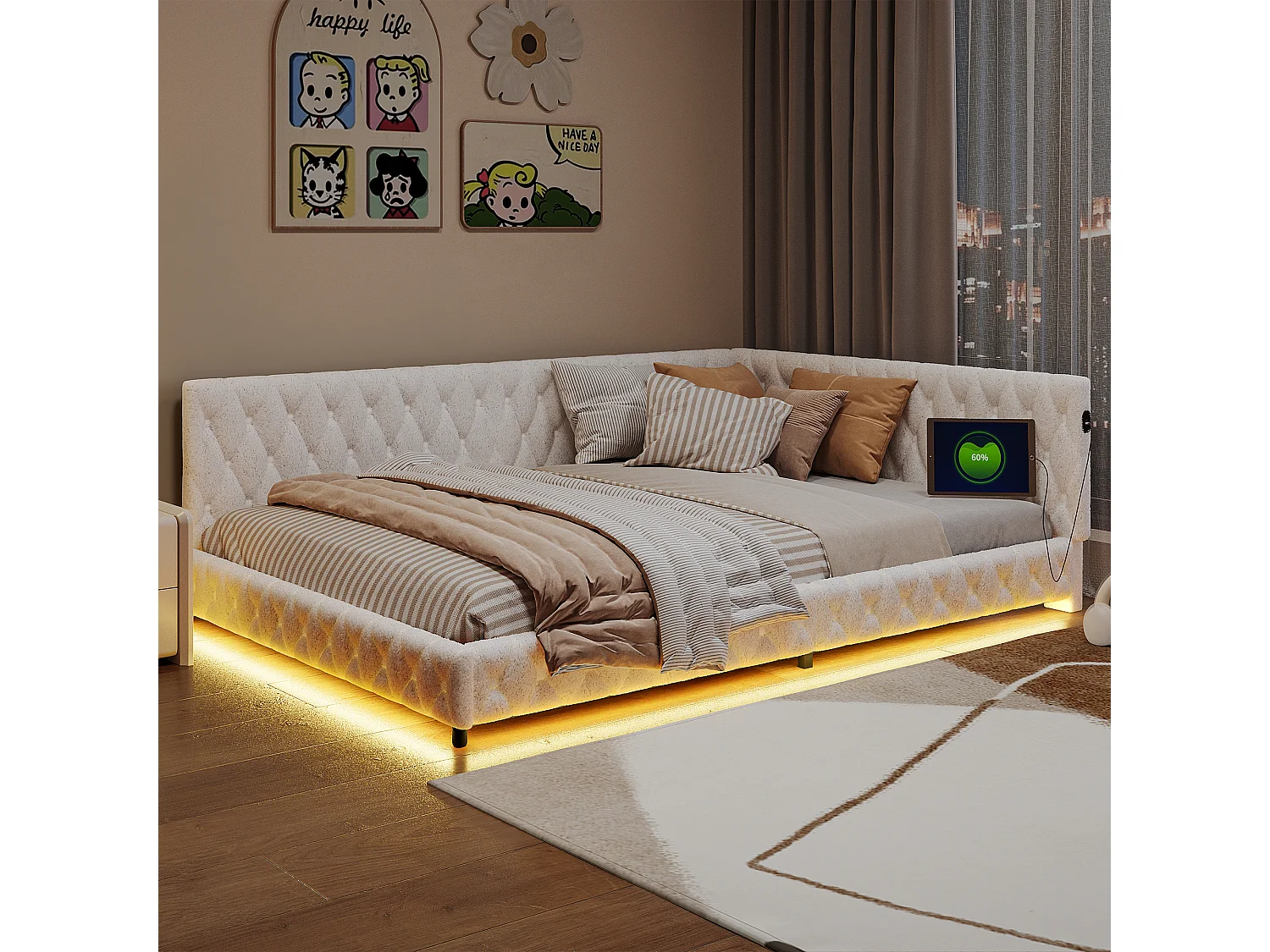 Lit gigogne 140x200 cm - Teddy velours, Canapé lit convertible avec éclairage LED et recharge USB,  - Beige