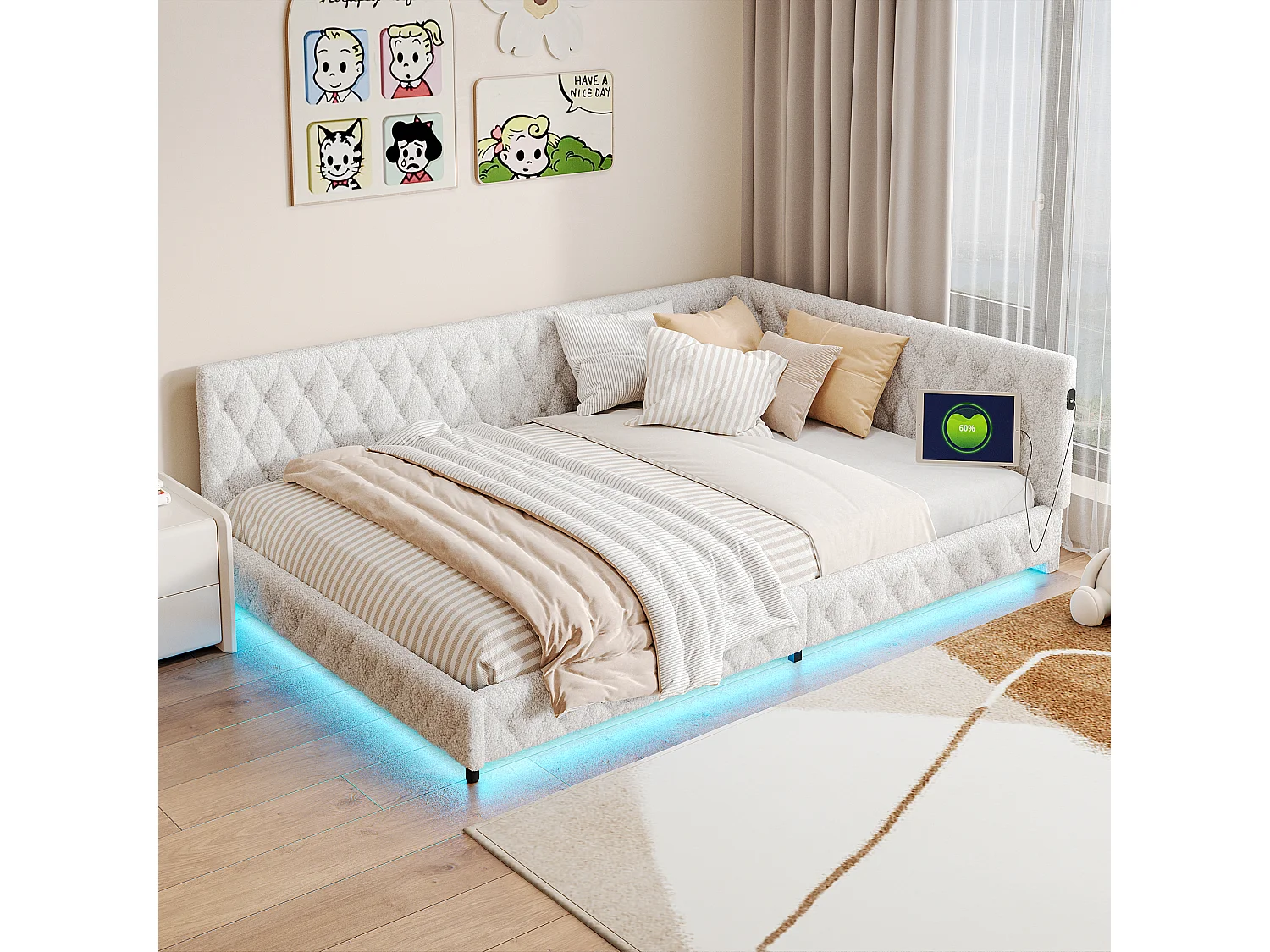 Lit gigogne 140x200 cm - Teddy velours, Canapé lit convertible avec éclairage LED et recharge USB,  - Beige