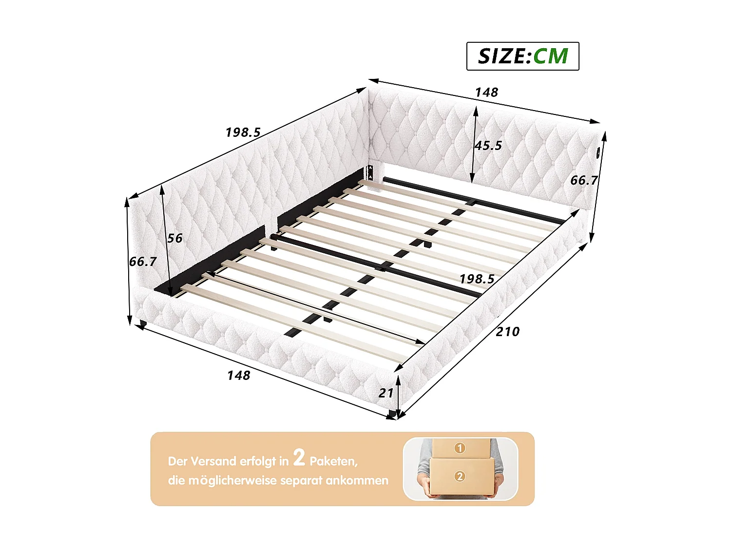 Lit gigogne 140x200 cm - Teddy velours, Canapé lit convertible avec éclairage LED et recharge USB,  - Beige