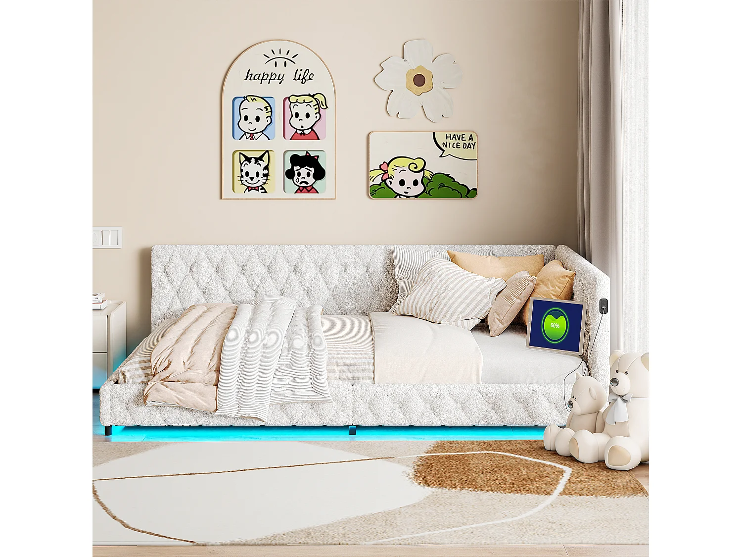 Lit gigogne 140x200 cm - Teddy velours, Canapé lit convertible avec éclairage LED et recharge USB,  - Beige