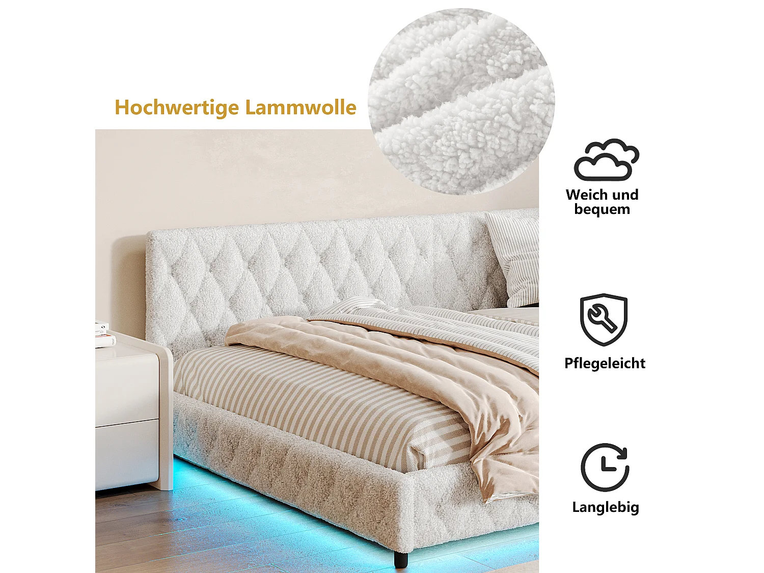 Lit gigogne 140x200 cm - Teddy velours, Canapé lit convertible avec éclairage LED et recharge USB,  - Beige