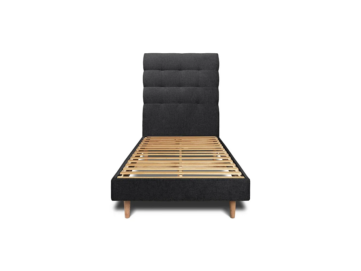 Lit 90x190cm avec tête de lit capitonnée tissu et sommier kit Noir - Hauteur totale : 29cm