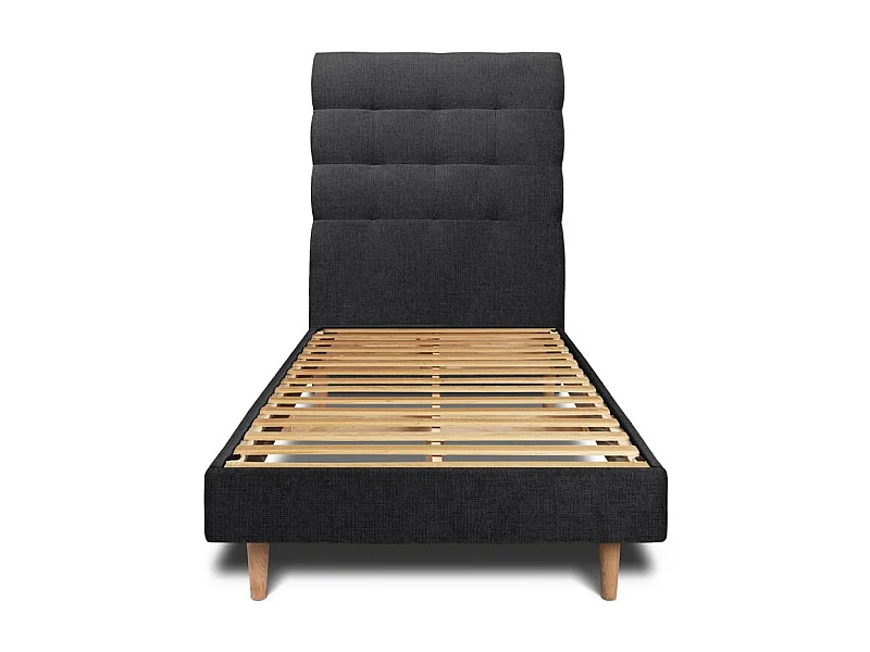 Lit 90x190cm avec tête de lit capitonnée tissu et sommier kit Noir - Hauteur totale : 29cm