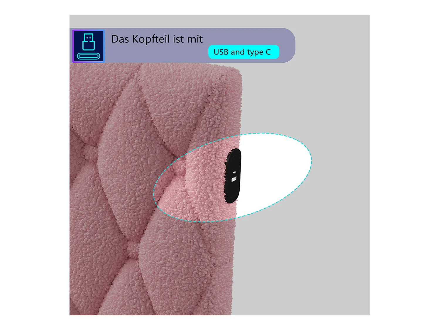 Ausziehbett 140x200 cm - Teddysamt, Schlafsofa mit LED-Beleuchtung und USB-Ladefunktion, - PINK