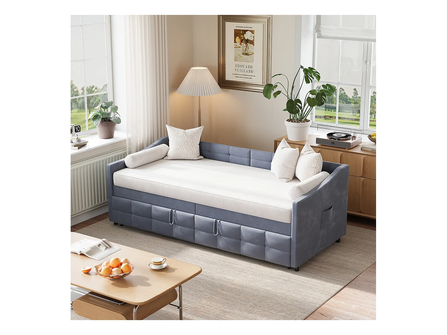 Canapé-lit extensible en velours gris 90x200 cm, convertible 180x200 cm avec mécanisme hydraulique, structure bois et métal, poche latérale pratique