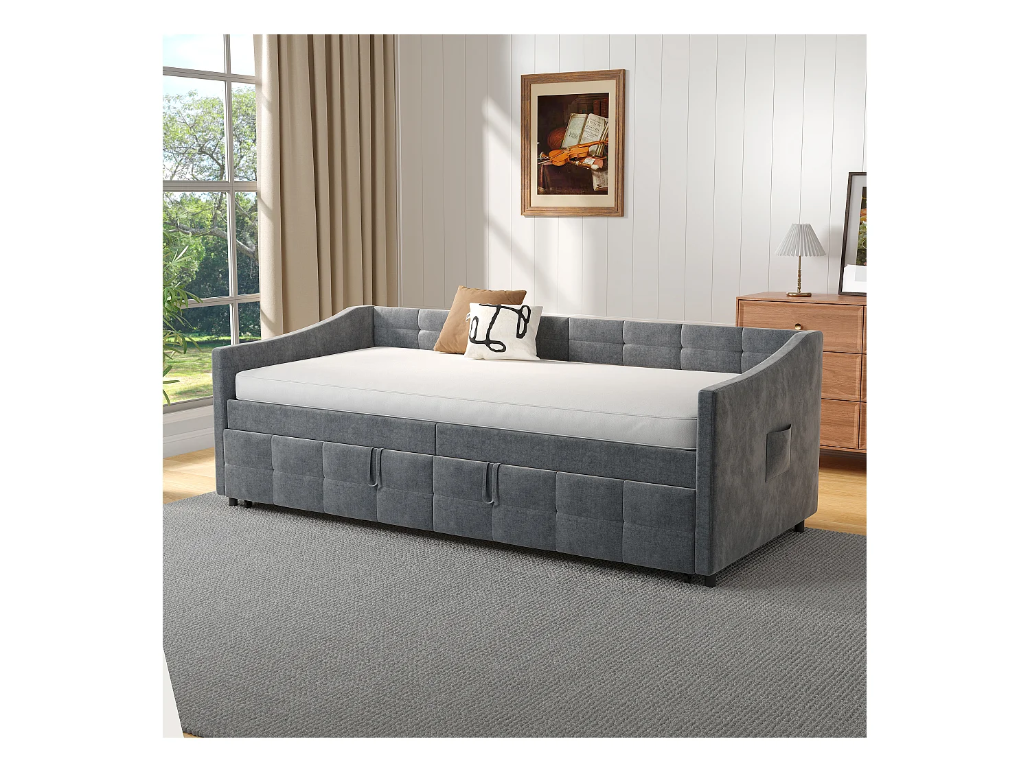 Canapé-lit extensible en velours gris 90x200 cm, convertible 180x200 cm avec mécanisme hydraulique, structure bois et métal, poche latérale pratique
