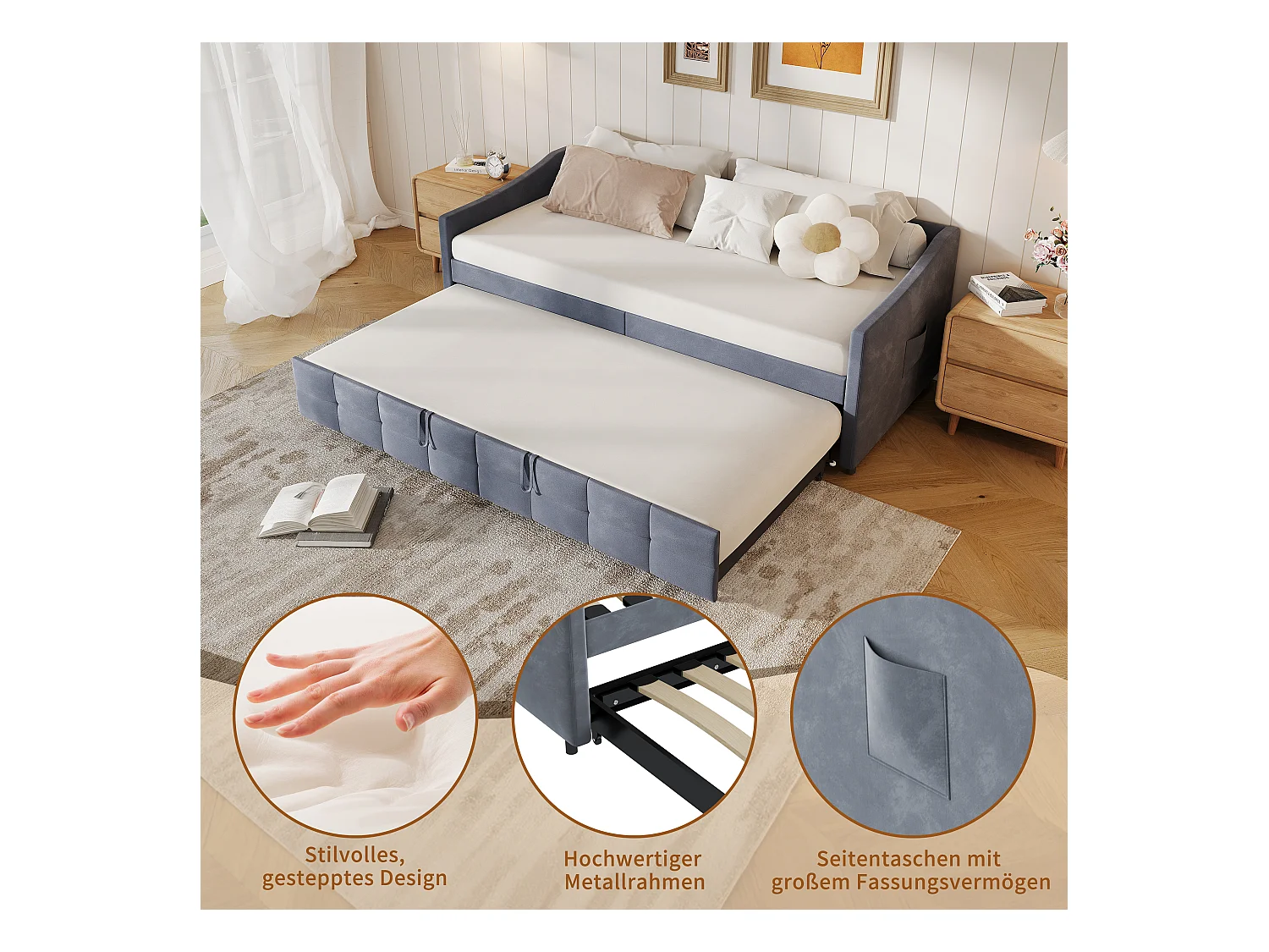 Canapé-lit extensible en velours gris 90x200 cm, convertible 180x200 cm avec mécanisme hydraulique, structure bois et métal, poche latérale pratique