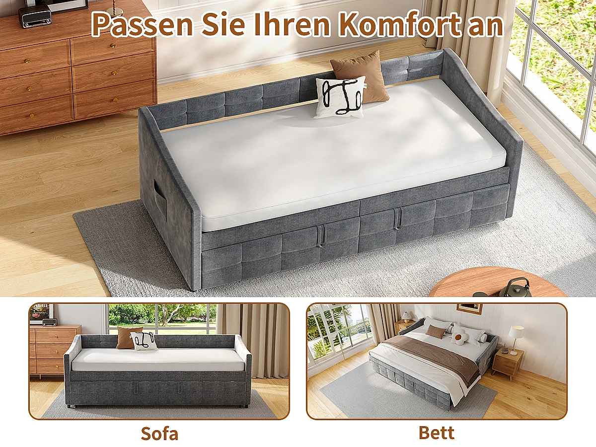 Canapé-lit extensible en velours gris 90x200 cm, convertible 180x200 cm avec mécanisme hydraulique, structure bois et métal, poche latérale pratique
