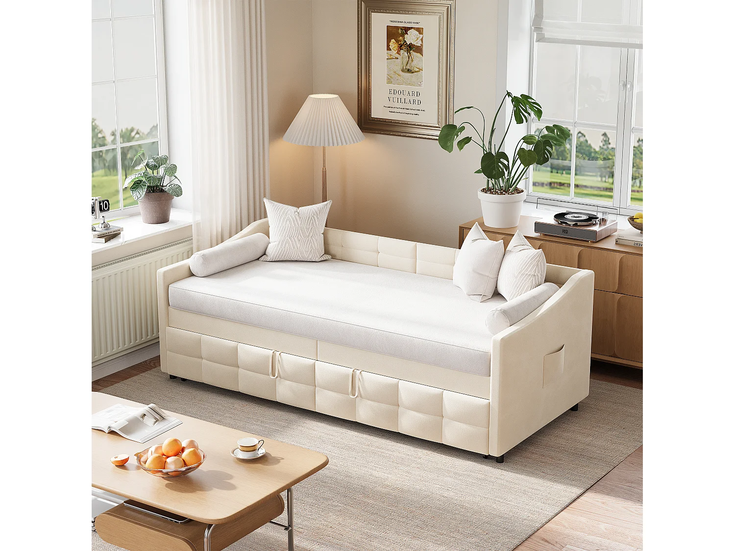 Divano letto allungabile in velluto Beige 90x200 cm, trasformabile 180x200 cm con meccanismo idraulico, struttura in legno e metallo, pratica tasca laterale