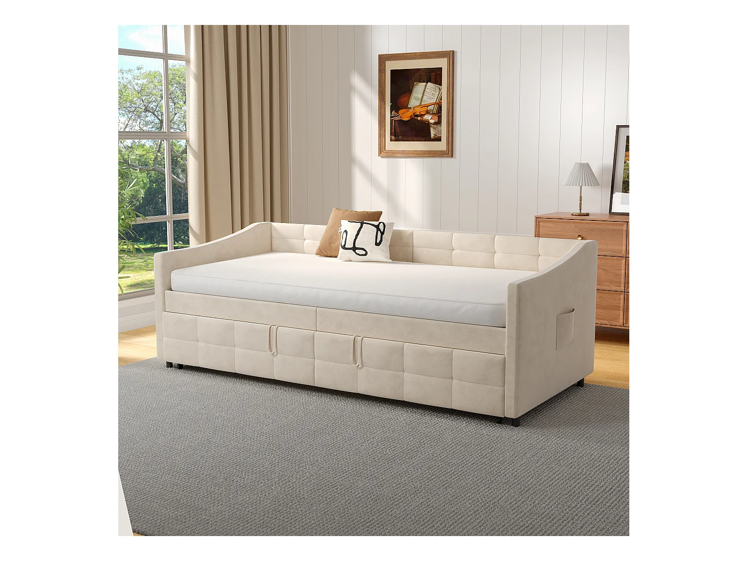 Divano letto allungabile in velluto Beige 90x200 cm, trasformabile 180x200 cm con meccanismo idraulico, struttura in legno e metallo, pratica tasca laterale