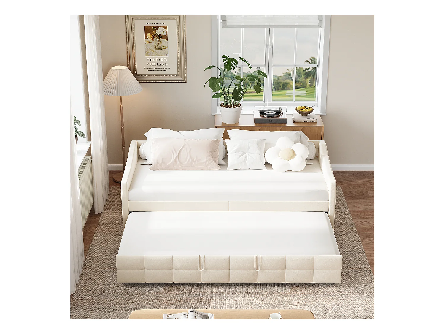 Divano letto allungabile in velluto Beige 90x200 cm, trasformabile 180x200 cm con meccanismo idraulico, struttura in legno e metallo, pratica tasca laterale