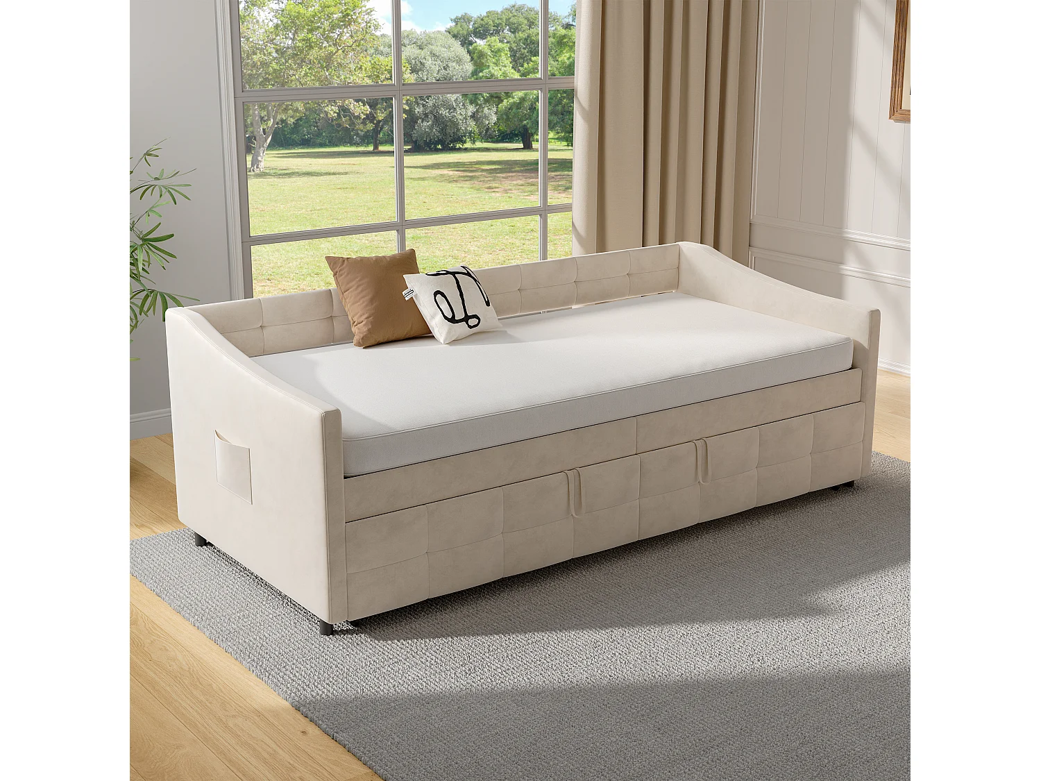 Canapé-lit extensible en velours Beige 90x200 cm, convertible 180x200 cm avec mécanisme hydraulique, structure bois et métal, poche latérale pratique