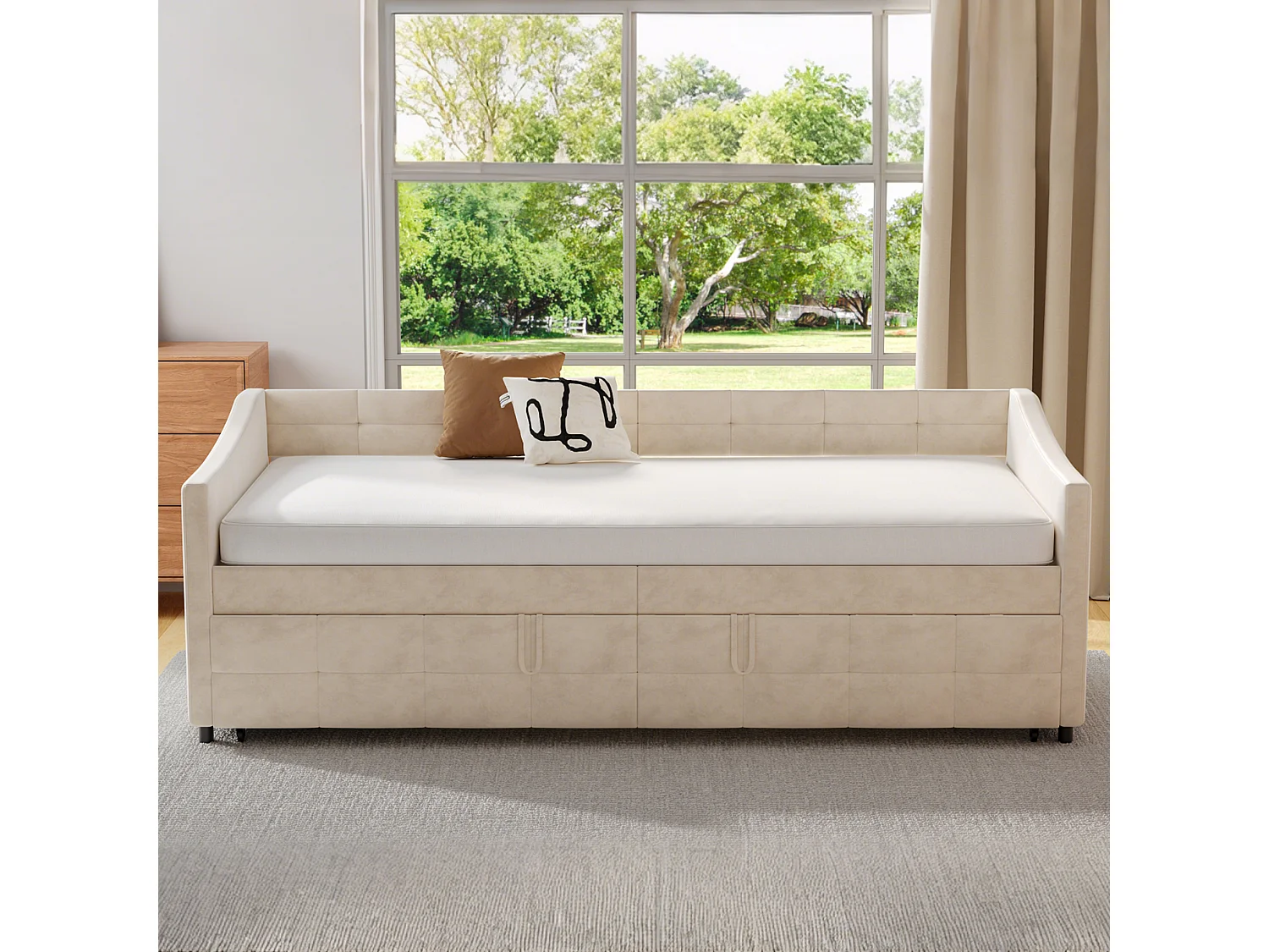 Canapé-lit extensible en velours Beige 90x200 cm, convertible 180x200 cm avec mécanisme hydraulique, structure bois et métal, poche latérale pratique