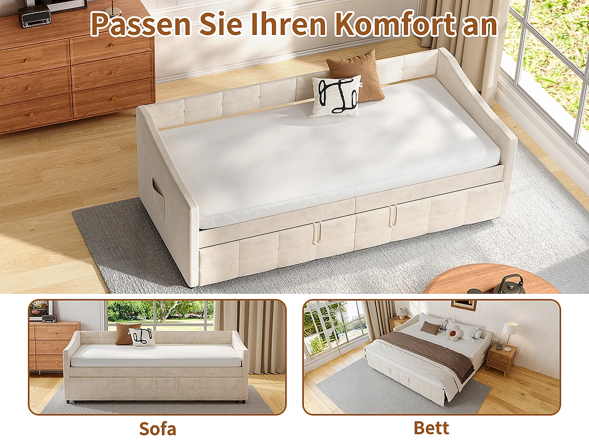 Canapé-lit extensible en velours Beige 90x200 cm, convertible 180x200 cm avec mécanisme hydraulique, structure bois et métal, poche latérale pratique