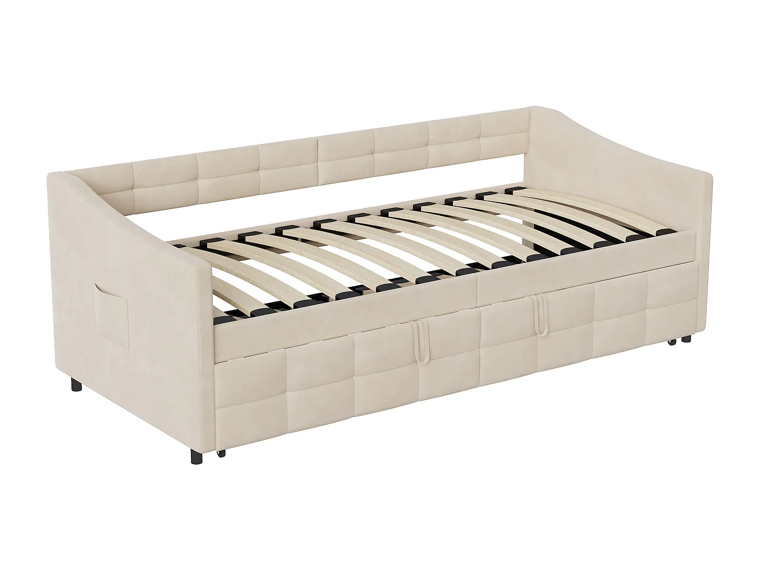 Canapé-lit extensible en velours Beige 90x200 cm, convertible 180x200 cm avec mécanisme hydraulique, structure bois et métal, poche latérale pratique