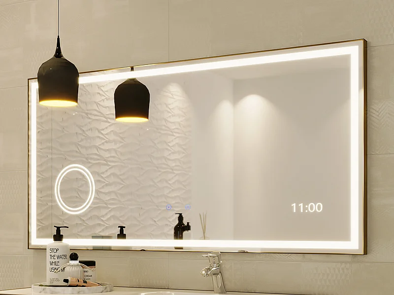 Miroir de salle de bain rectangulaire lumineux avec horloge digitale - Doré - 120 x 60 cm - AITANA