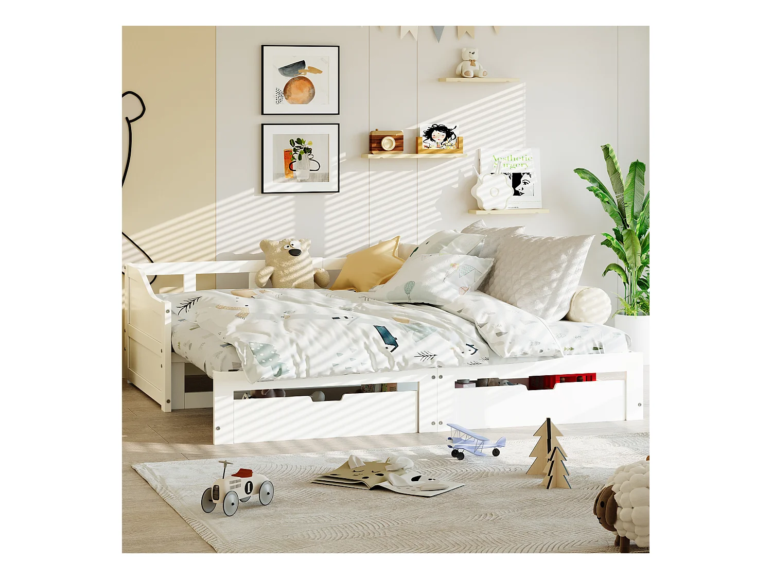 Cama de dia extensível de madeira maciça 90x200 cm com 2 gavetas de armazenamento – Convertível em cama de casal 180x200 cm