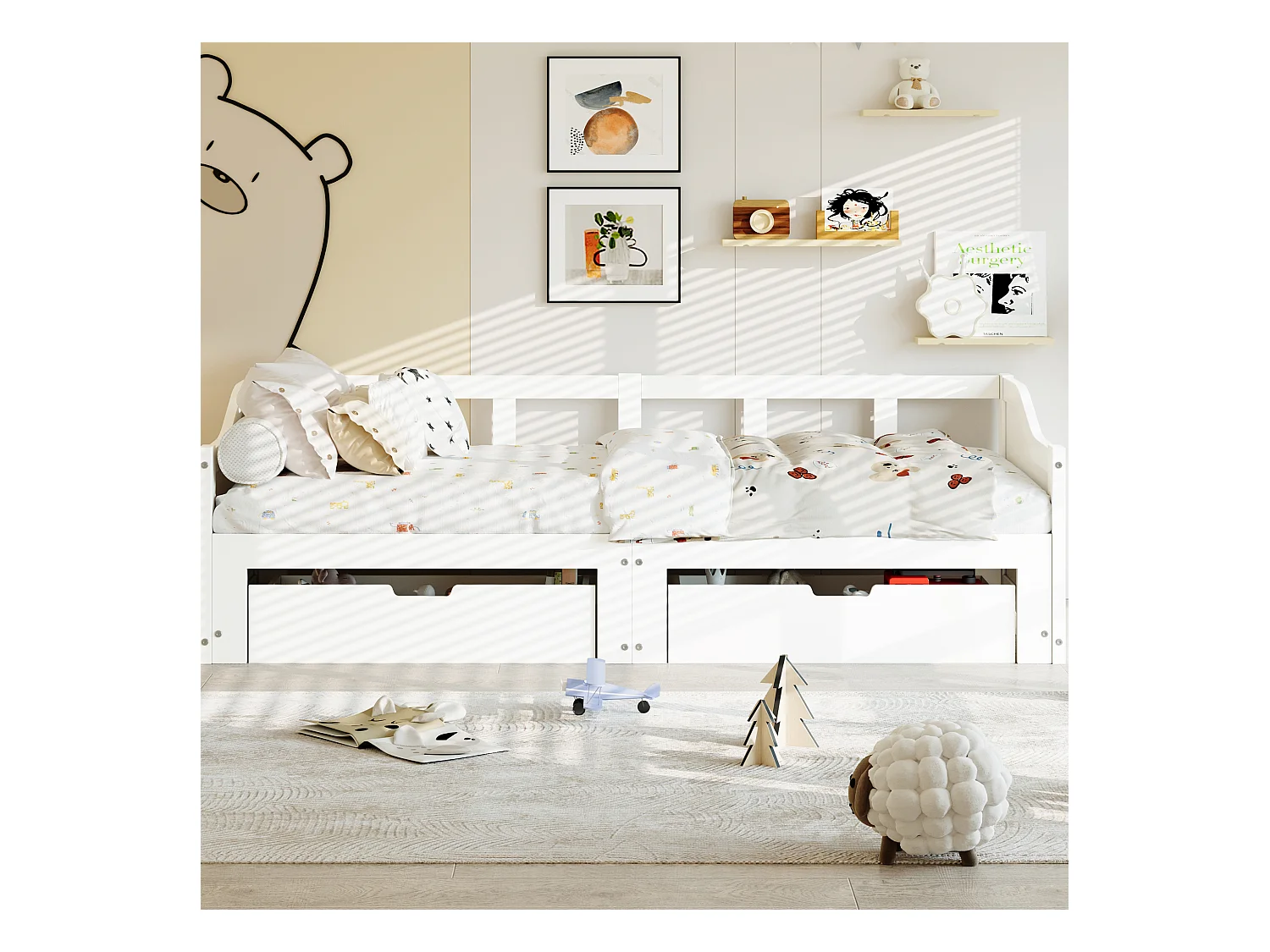 Cama de dia extensível de madeira maciça 90x200 cm com 2 gavetas de armazenamento – Convertível em cama de casal 180x200 cm