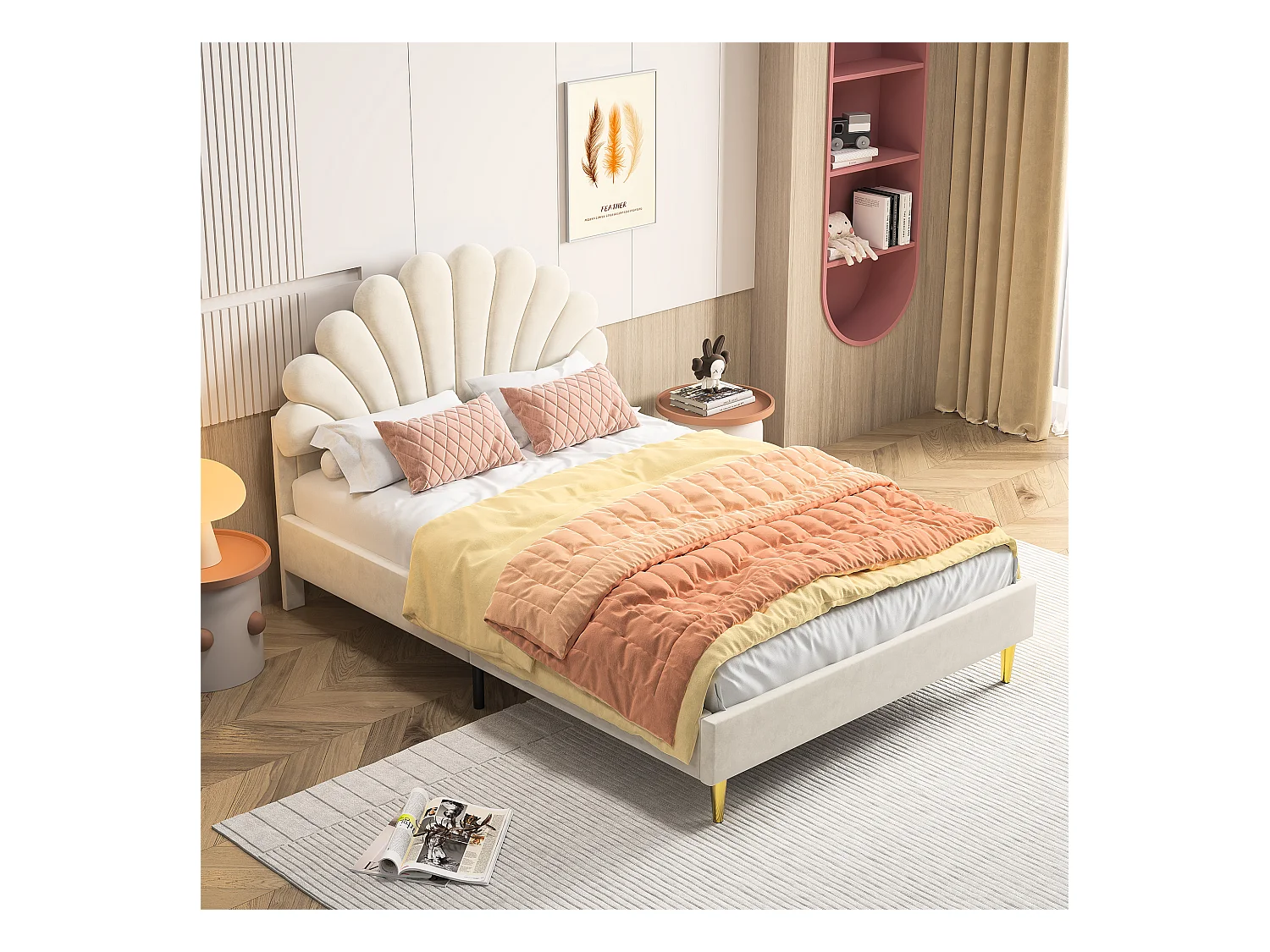 Tweepersoonsbed met fluweel bekleed - 140x200cm - bloemvormig hoofdbord - met lattenbodem - Beige
