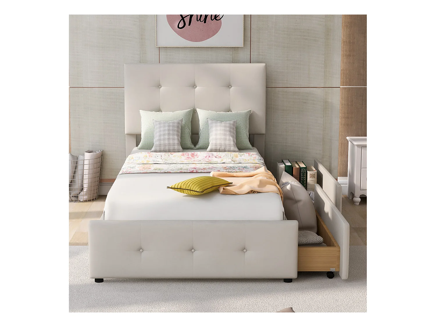 Lit capitonne 90 x 200 cm - avec 2 tiroirs, sommier à lattes et tête de lit relevable, tissu velours, style scandinave - Beige