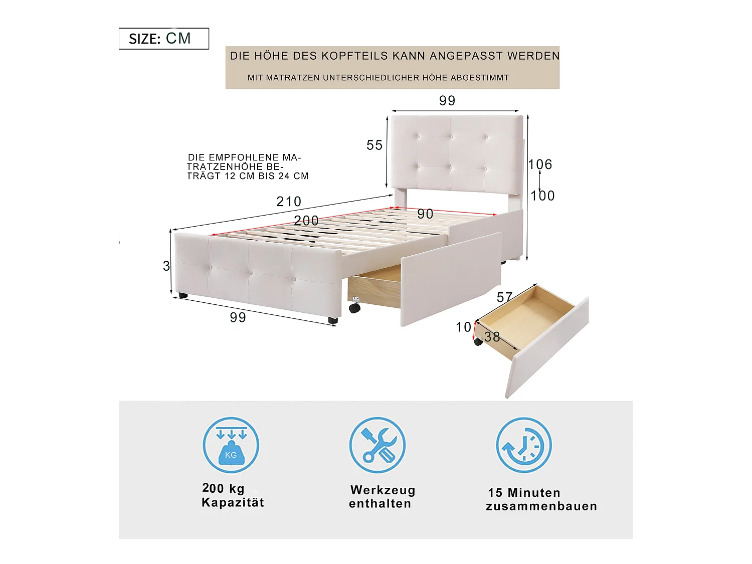 Lit capitonne 90 x 200 cm - avec 2 tiroirs, sommier à lattes et tête de lit relevable, tissu velours, style scandinave - Beige