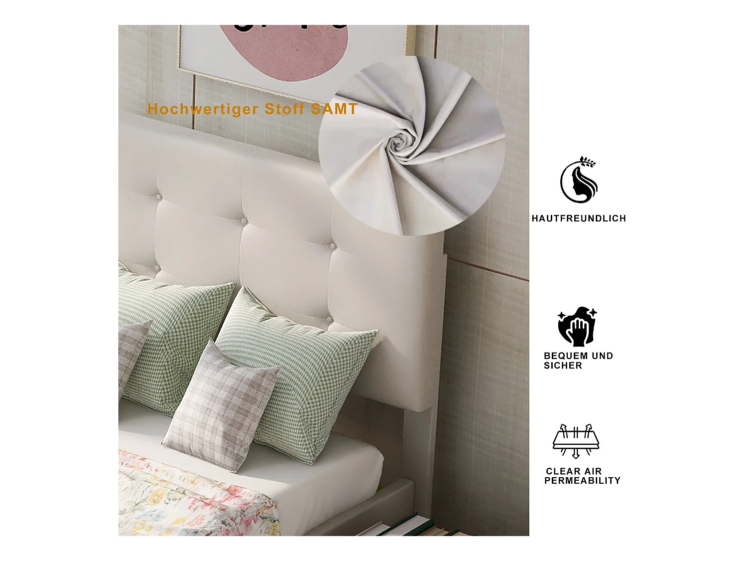 Lit capitonne 90 x 200 cm - avec 2 tiroirs, sommier à lattes et tête de lit relevable, tissu velours, style scandinave - Beige