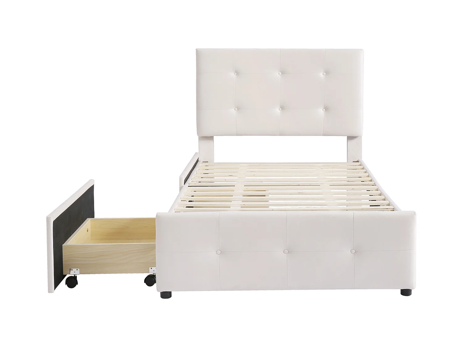 Lit capitonne 90 x 200 cm - avec 2 tiroirs, sommier à lattes et tête de lit relevable, tissu velours, style scandinave - Beige